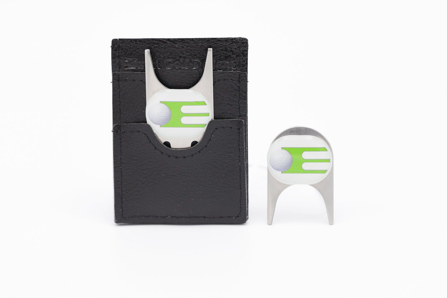 An Exact Golf Maxi and Mini Divot Repair Tool  & Ball Marker With a Leather Case with Belt Clip