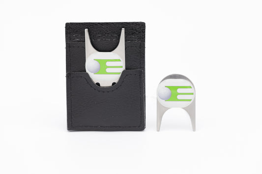 An Exact Golf Maxi and Mini Divot Repair Tool  & Ball Marker With a Leather Case with Belt Clip